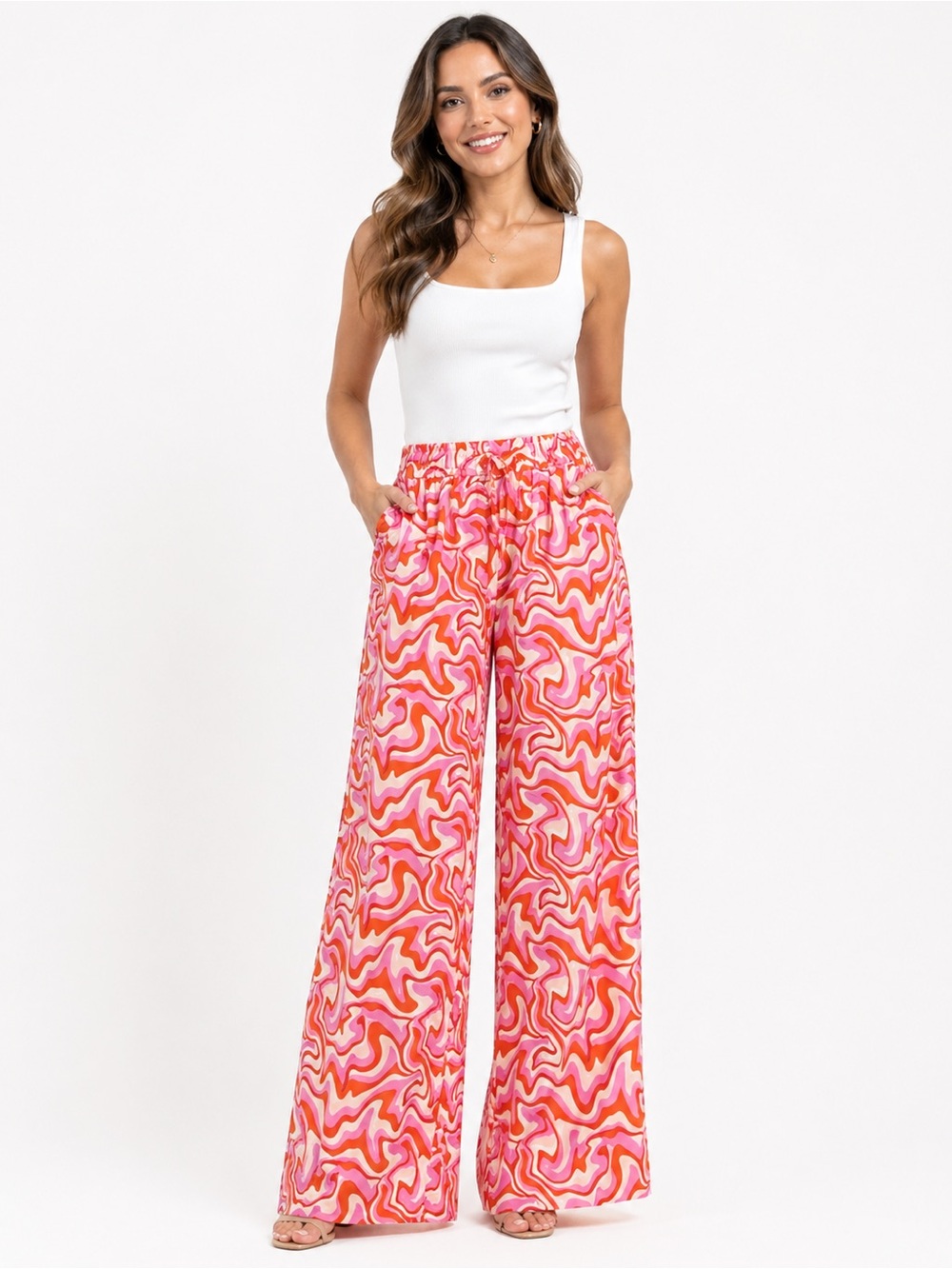 NWT WHY Dress Size Medium Vibrant Orange and Pink Retro Women's Wide Leg‎ Pants